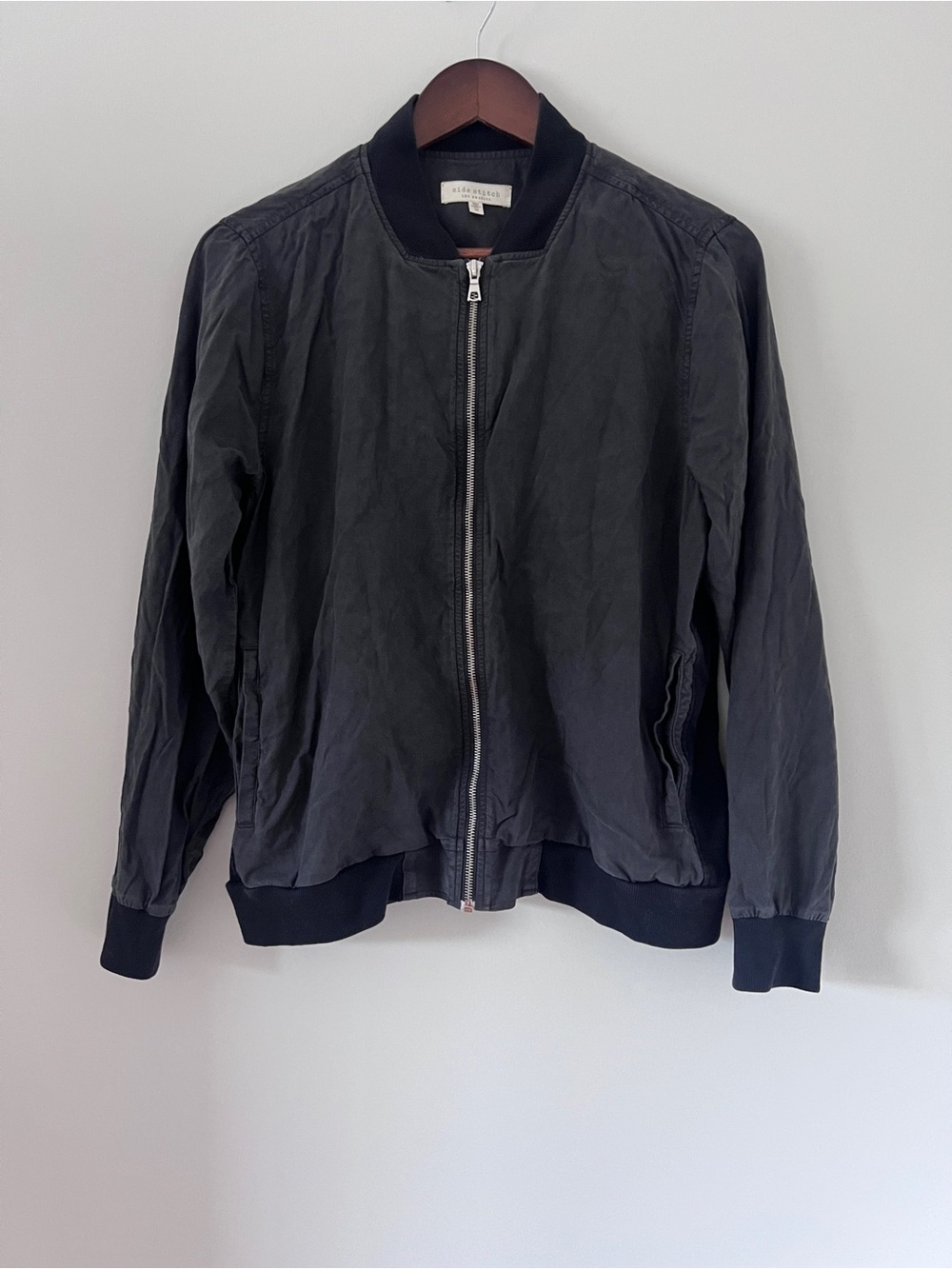 Side Stitch Bomber Jacket with Ribbed Sides Size Medium Dark Ash